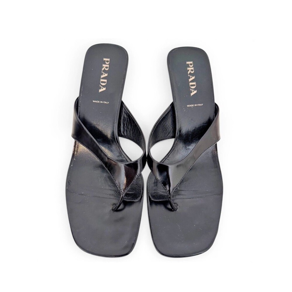 Prada EU 37 Logo Black Leather Thong Kitten Heel Mules Vintage Shoes Authentic